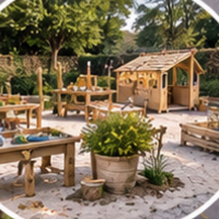 Artist's impression of a play area with a wooden playhouse and activity tables